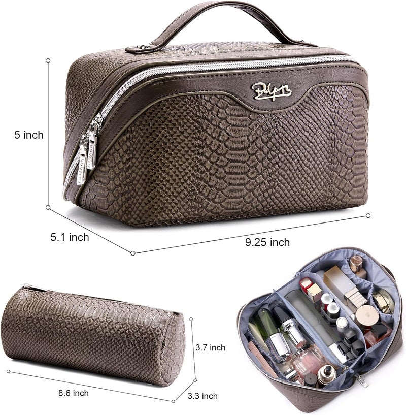 BOYATU Travel Makeup Bags for Women: 3 Pcs Set Wide Open Cosmetic Bag - Portable Make up Bags with Handle - Vegan Leather Toiletry Organizer Bag with Divider (G-03-Coffee) - Image 2